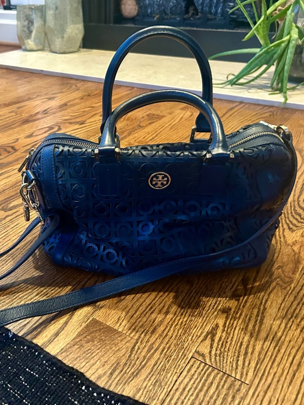 Tory Burch Navy Laser-Cut Logo Dome Satchel with Gold Hardware